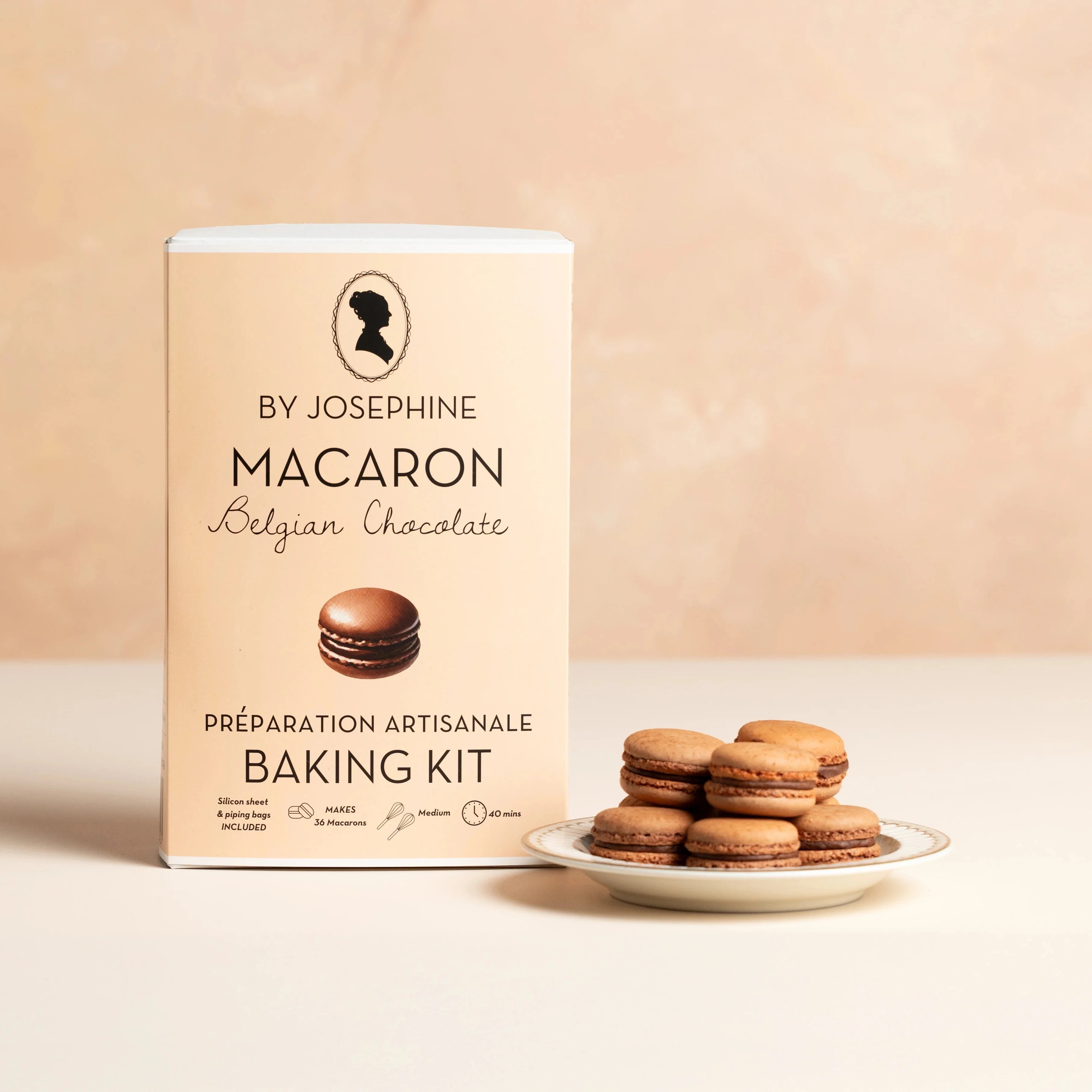 Macaron baking kit by Josephine on a beige background