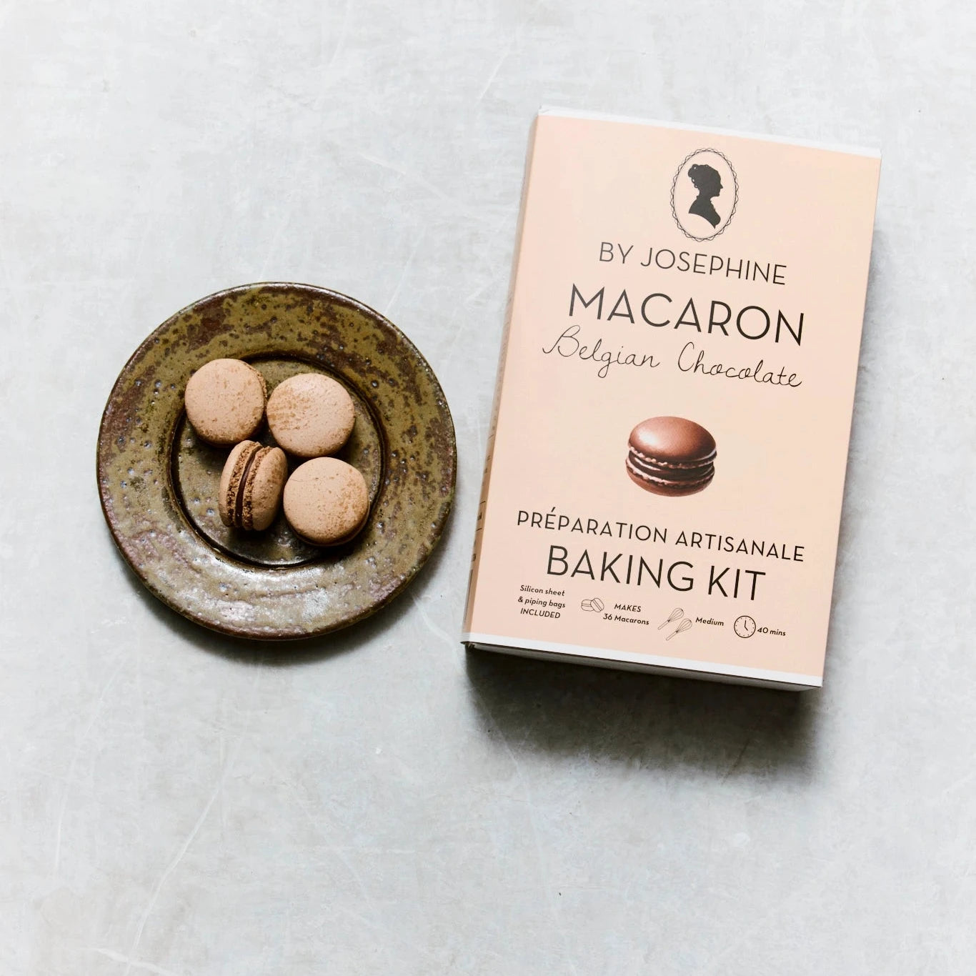 Macaron baking kit by Josephine Macaron on a light gray background