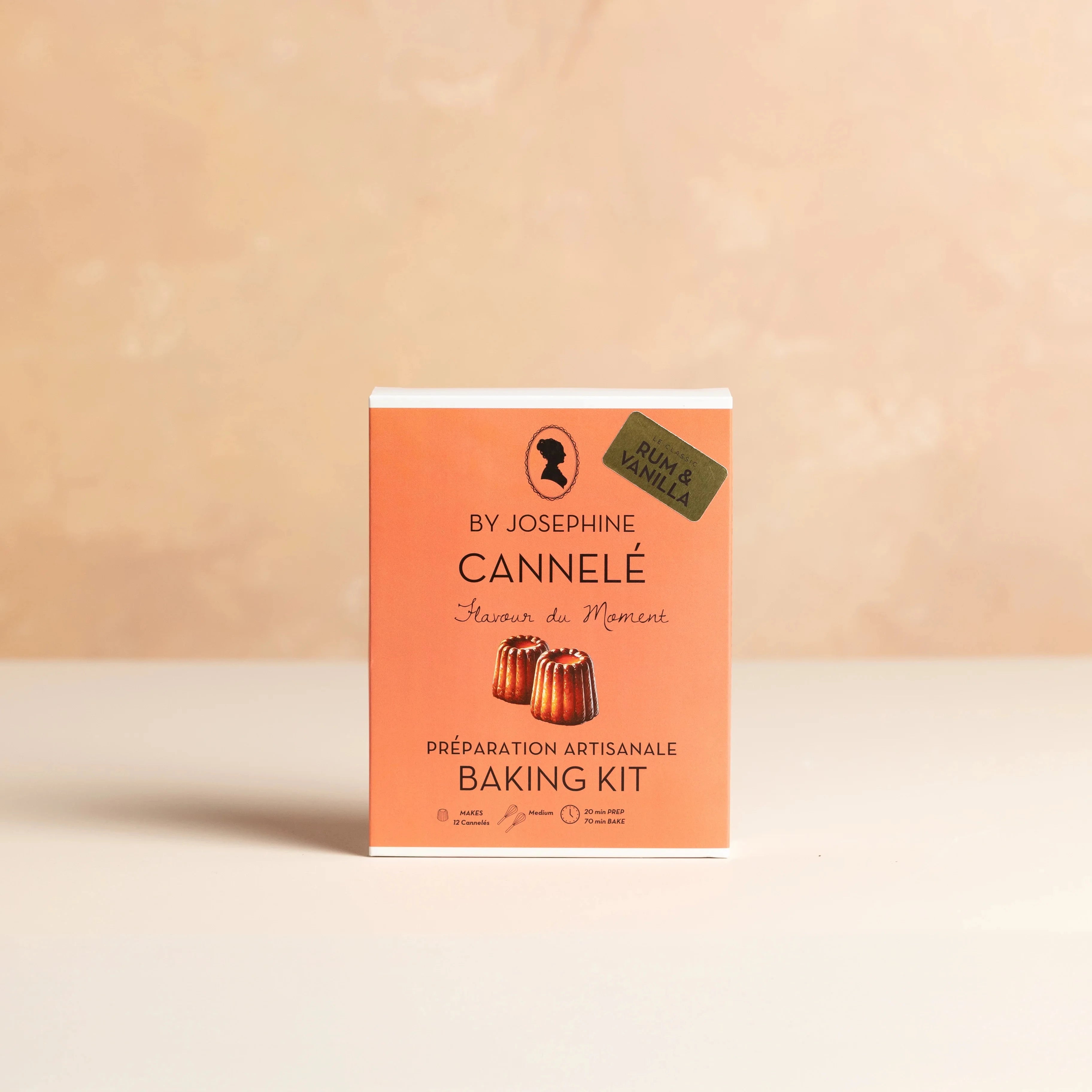 Cannelé baking kit refill packaging on a beige background