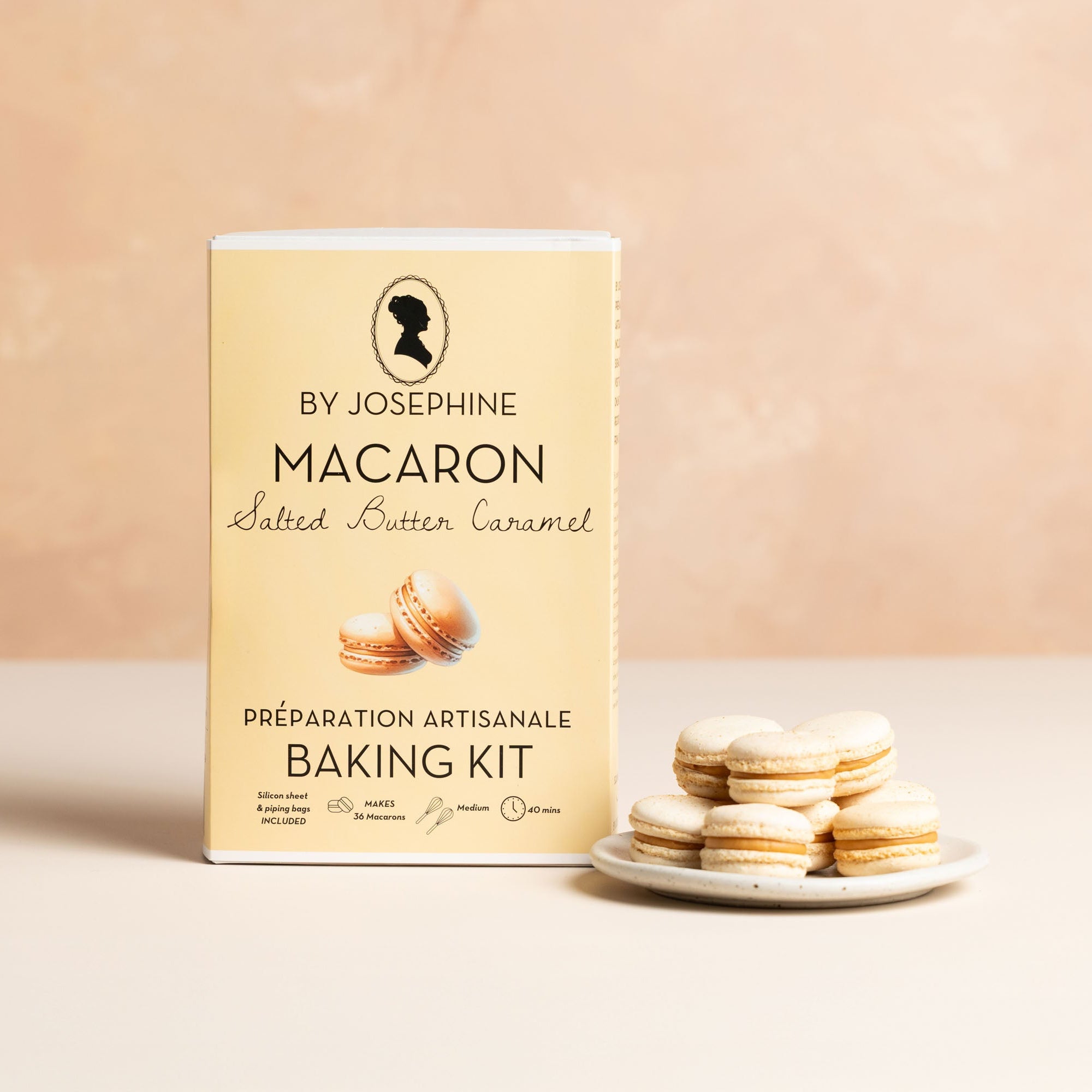Macaron baking kit by Josephine with salted butter caramel flavor on a beige background